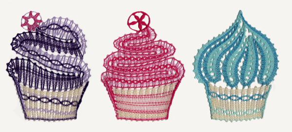 268 Klöppelbrief „3 Cupcakes“ Heidelbeere, Himbeere und Minze